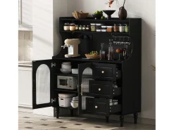Aparador de cocina con zócalos - 120 x 40 x 138,5 cm - con 3 cajones + botellero + estantes + 2 puertas - MDF - negro