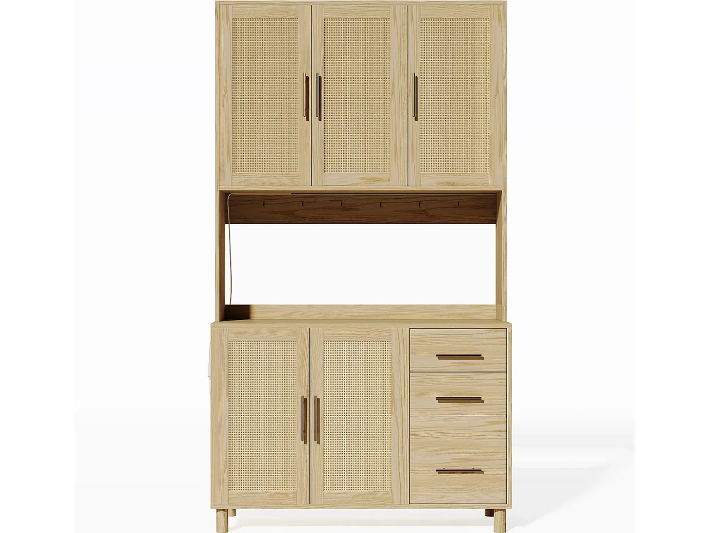 Aparador de cocina de 183 cm con luces LED, puertos USB, estantes ajustables y 3 cajones - natural