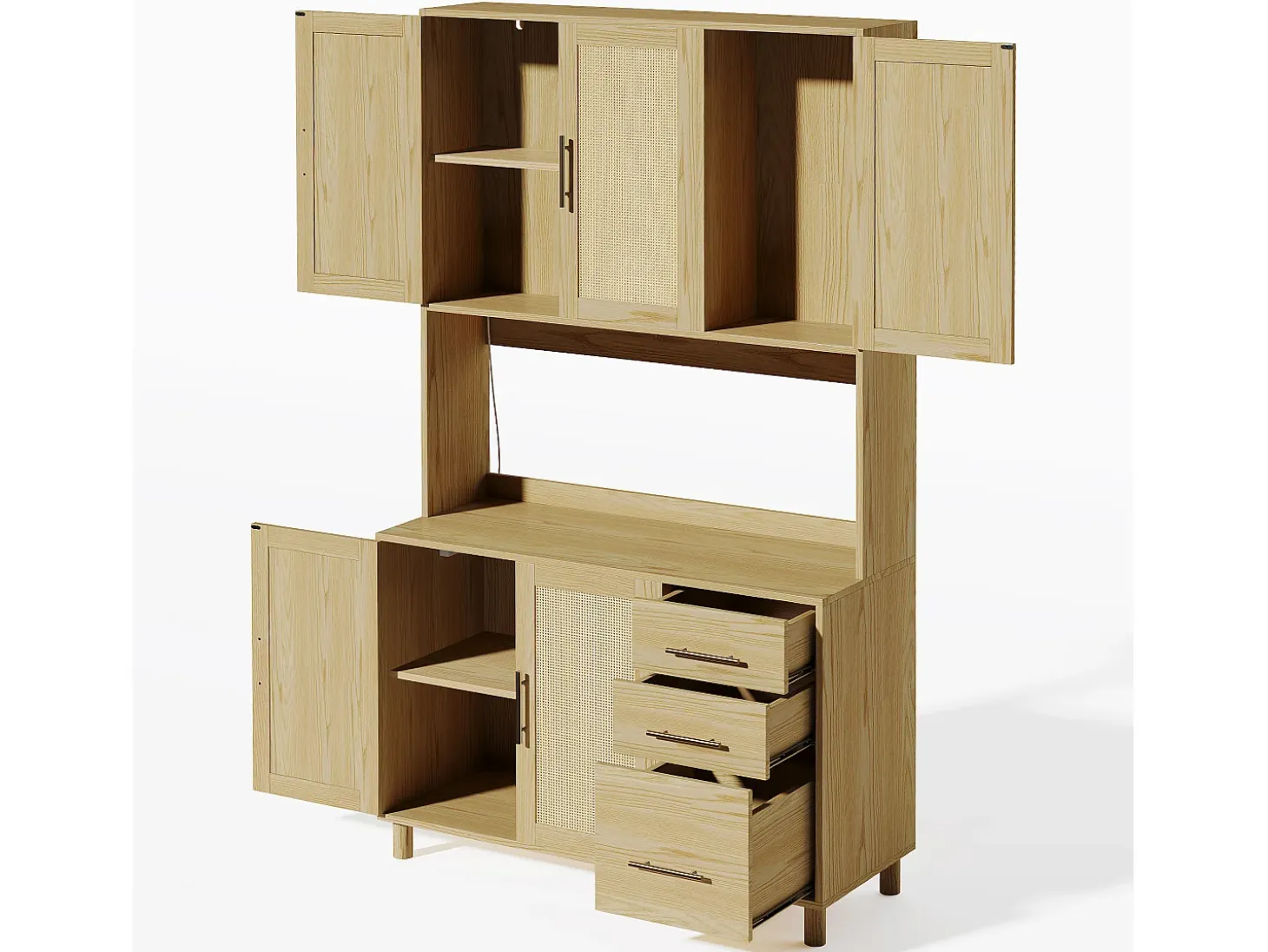 Aparador de cocina de 183 cm con luces LED, puertos USB, estantes ajustables y 3 cajones - natural