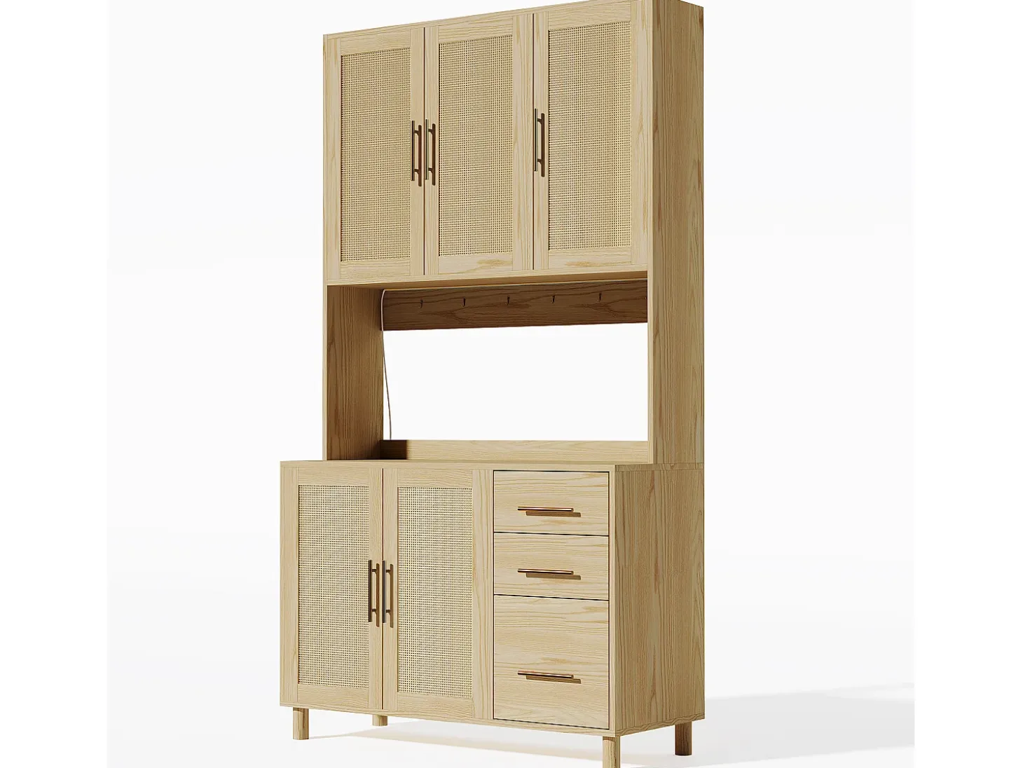 Aparador de cocina de 183 cm con luces LED, puertos USB, estantes ajustables y 3 cajones - natural