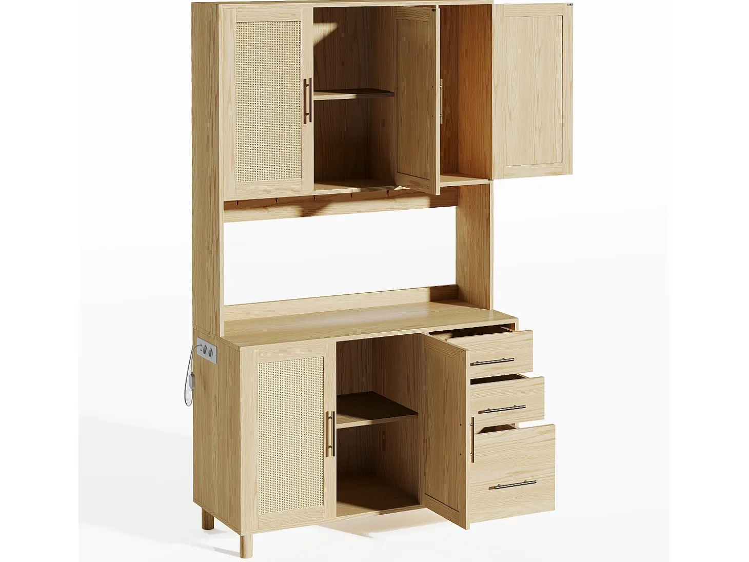 Aparador de cocina de 183 cm con luces LED, puertos USB, estantes ajustables y 3 cajones - natural