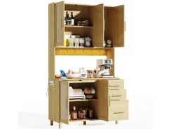 Aparador de cocina de 183 cm con luces LED, puertos USB, estantes ajustables y 3 cajones - natural