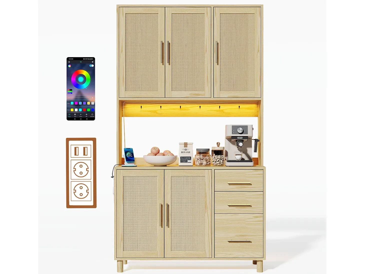 Aparador de cocina de 183 cm con luces LED, puertos USB, estantes ajustables y 3 cajones - natural