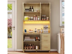Aparador de cocina de 183 cm con luces LED, puertos USB, estantes ajustables y 3 cajones - natural
