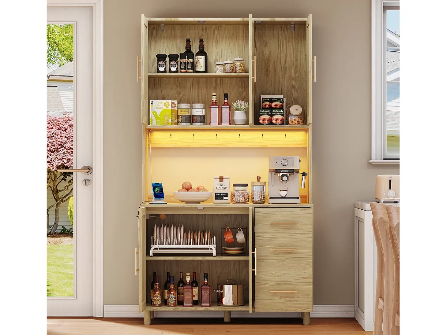 Aparador de cocina de 183 cm con luces LED, puertos USB, estantes ajustables y 3 cajones - natural