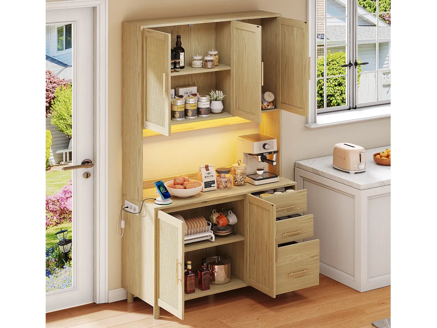 Aparador de cocina de 183 cm con luces LED, puertos USB, estantes ajustables y 3 cajones - natural