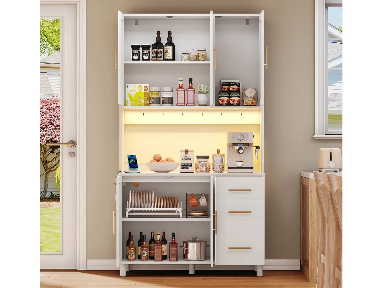 Aparador de cocina de 183 cm con luces LED, puertos USB, estantes ajustables y 3 cajones - blanco