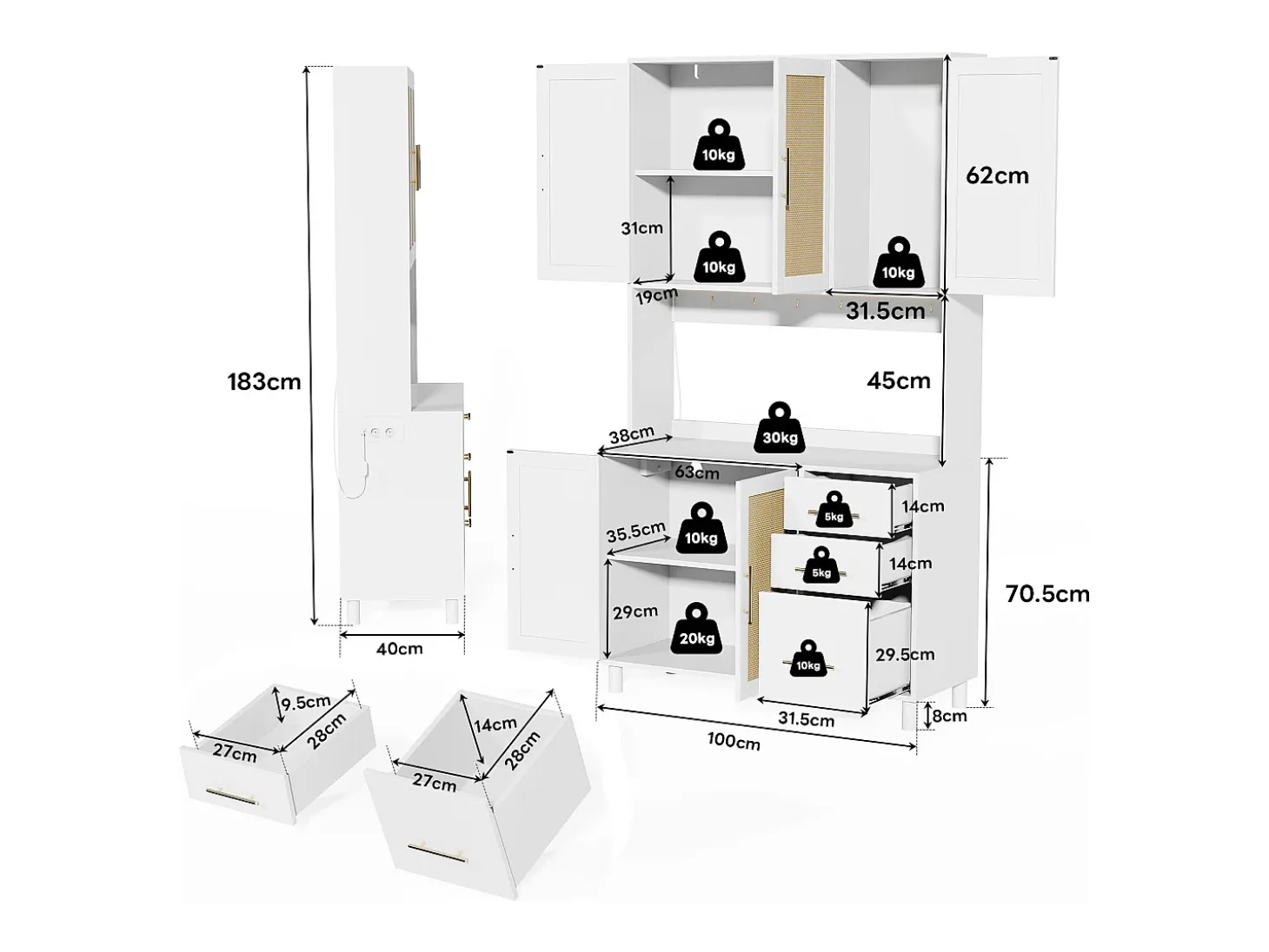 Aparador de cocina de 183 cm con luces LED, puertos USB, estantes ajustables y 3 cajones - blanco