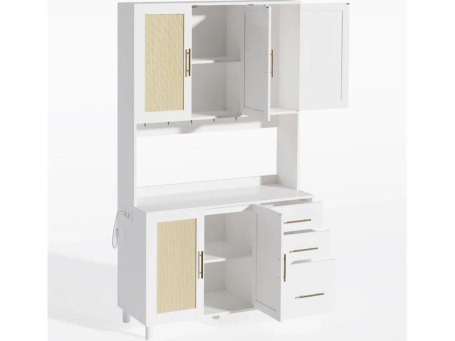 Aparador de cocina de 183 cm con luces LED, puertos USB, estantes ajustables y 3 cajones - blanco