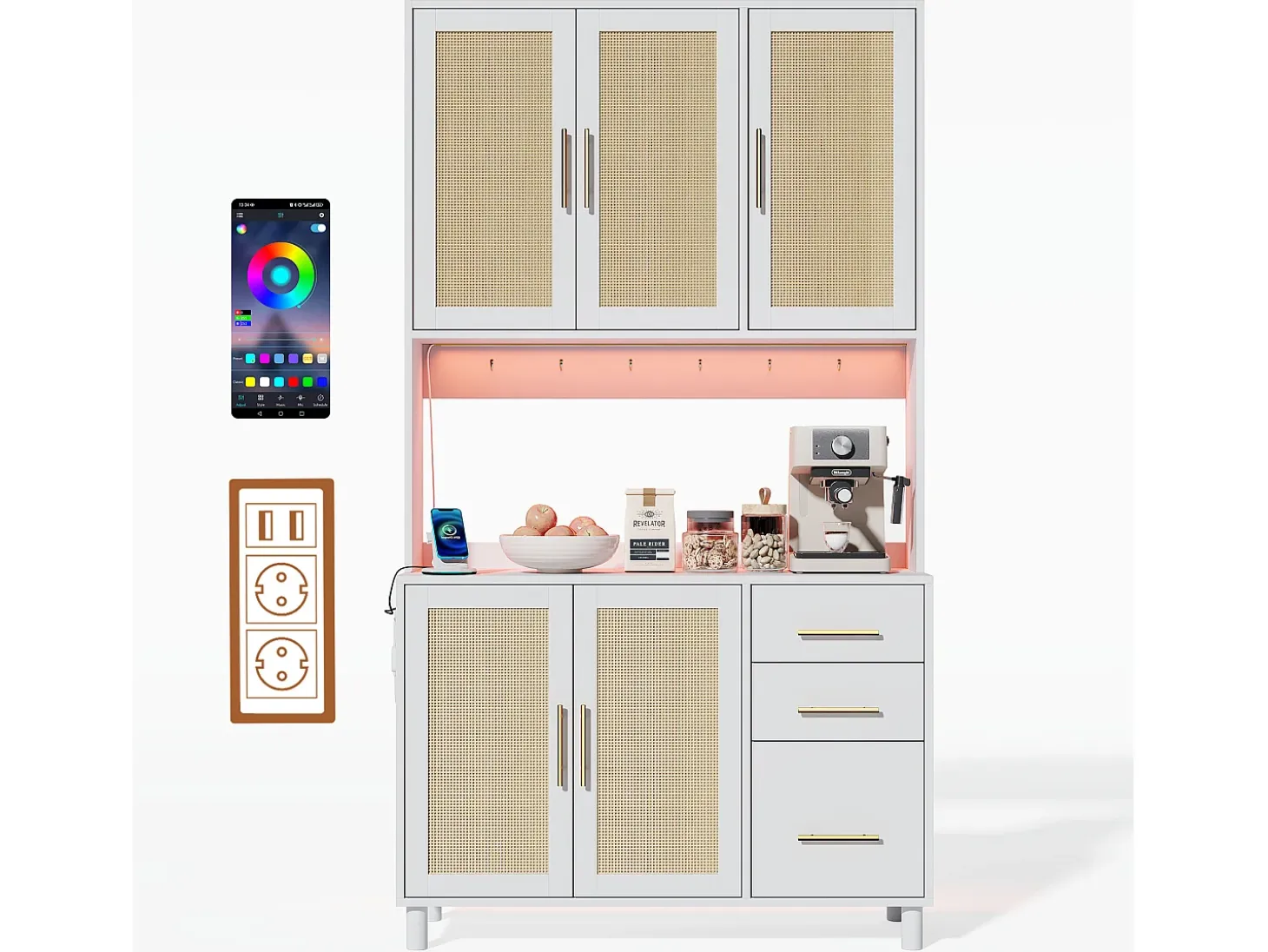 Aparador de cocina de 183 cm con luces LED, puertos USB, estantes ajustables y 3 cajones - blanco