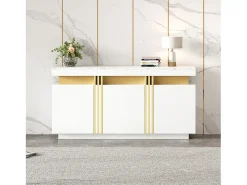 Aparador de cocina de 3 puertas con tablero efecto mármol para salón y dormitorio, color blanco