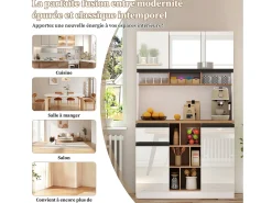 Aparador de cocina de 105 x 45 x 185 cm, mueble de almacenaje con estantes ajustables, para salón, color blanco
