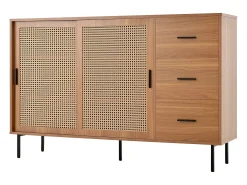 Aparador de cocina de ratán con 2 puertas correderas de ratán y 3 cajones, nogal/140 x 37 x 91 cm