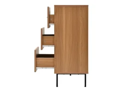 Aparador de cocina de ratán con 2 puertas correderas de ratán y 3 cajones, nogal/140 x 37 x 91 cm