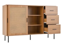 Aparador de cocina de ratán con 2 puertas correderas de ratán y 3 cajones, nogal/140 x 37 x 91 cm