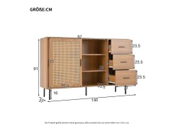 Aparador de cocina de ratán con 2 puertas correderas de ratán y 3 cajones, nogal/140 x 37 x 91 cm