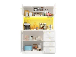 Aparador de cocina estilo rústico - 120 x 40 x 188 cm - con 4 puertas + LED + estantes de almacenamiento + cajones - MDF - blanco