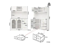 Aparador de cocina estilo rústico - 120 x 40 x 188 cm - con 4 puertas + LED + estantes de almacenamiento + cajones - MDF - blanco