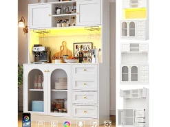 Aparador de cocina estilo rústico - 120 x 40 x 188 cm - con 4 puertas + LED + estantes de almacenamiento + cajones - MDF - blanco