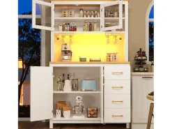 Aparador de cocina estilo rústico - 105,5 x 40 x 180 cm - con 4 puertas + LED + portavasos + cajones - MDF - blanco