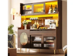 Aparador de cocina estilo rústico - 145 x 39 x 171 cm - con 5 puertas + LED + panel de almacenaje + cajón - MDF - marrón