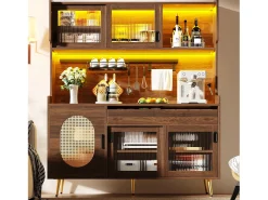 Aparador de cocina estilo rústico - 145 x 39 x 171 cm - con 5 puertas + LED + panel de almacenaje + cajón - MDF - marrón