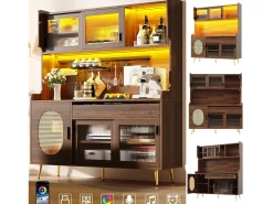 Aparador de cocina estilo rústico - 145 x 39 x 171 cm - con 5 puertas + LED + panel de almacenaje + cajón - MDF - marrón