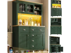 Aparador de cocina estilo rústico - 104 x 40 x 180 cm - con puertas, LED, estantes de almacenamiento y cajones - MDF - verde