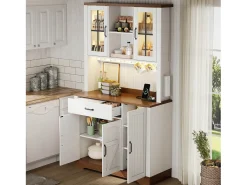 Aparador de cocina estilo granero - 105 x 40 x 185 cm - con cajón, luces LED y enchufes, y 5 puertas - MDF - blanco
