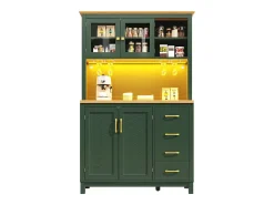 Aparador de cocina estilo rústico - 105,5 x 40 x 180 cm - con 4 puertas + LED + portavasos + cajones - MDF - verde