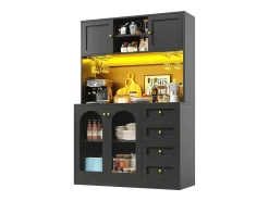Aparador de cocina estilo rústico - 120 x 40 x 188 cm - con 4 puertas + LED + estantes de almacenamiento + cajones - MDF - negro