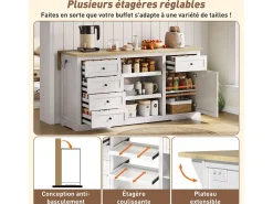 Aparador de cocina, isla central con almacenaje y encimera plegable, 5 cajones, color blanco