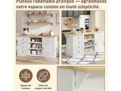 Aparador de cocina, isla central con almacenaje y encimera plegable, 5 cajones, color blanco