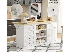 Aparador de cocina, isla central con almacenaje y encimera plegable, 5 cajones, color blanco