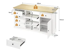 Aparador de cocina, isla central con almacenaje y encimera plegable, 5 cajones, color blanco