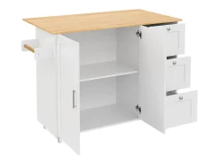 Aparador de cocina, mesa de cocina móvil, diseño plegable, con 3 cajones y toallero, 135x44(70)x90 cm, Blanco