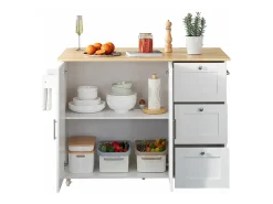 Aparador de cocina, mesa de cocina móvil, diseño plegable, con 3 cajones y toallero, 135x44(70)x90 cm, Blanco