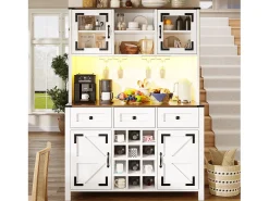 Aparador de cocina moderno - 120 x 40 x 170 cm - con LED + USB + 4 puertas + 3 cajones + estantes - MDF + cristal - blanco