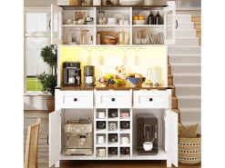 Aparador de cocina moderno - 120 x 40 x 170 cm - con LED + USB + 4 puertas + 3 cajones + estantes - MDF + cristal - blanco