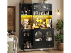Aparador de cocina moderno - 120 x 40 x 176 cm - con LED + USB + puertas + cajón + estantes de cristal - MDF + cristal - negro