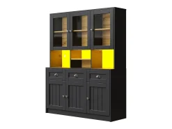Aparador de cocina moderno con iluminación LED regulable, MDF, blanco/negro, estantes regulables (140x40x175cm)