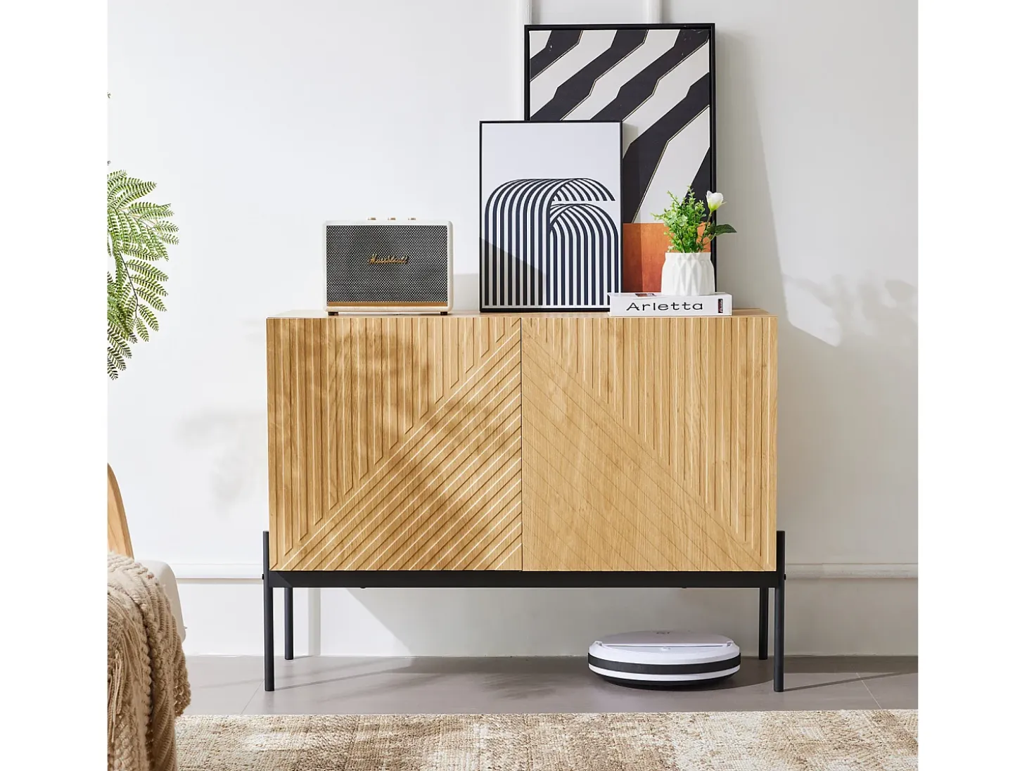 Aparador de Cocina, Mueble de Almacenamiento con 2 Puertas, Patas Metálicas, Diseño Lineal, 100 x 40 x 75 cm, Madera