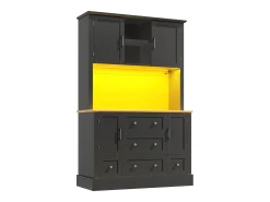 Aparador de cocina negro y natural con 4 puertas, 5 cajones y luces LED, MDF