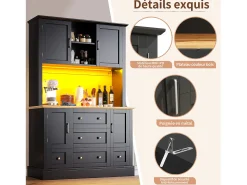 Aparador de cocina negro y natural con 4 puertas, 5 cajones y luces LED, MDF