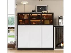 Aparador de cocina para salón - 100 x 40 x 105 cm - con LED + 3 puertas de cristal + 3 puertas de madera - cristal + aglomerado - negro + blanco