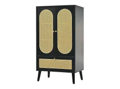 Aparador de cocina 60x40x110cm, 2 puertas de ratán y 1 cajón, madera, color negro