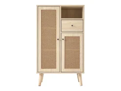 Aparador de cocina 60x40x110cm, 2 puertas de ratán y 1 cajón, madera, natural claro