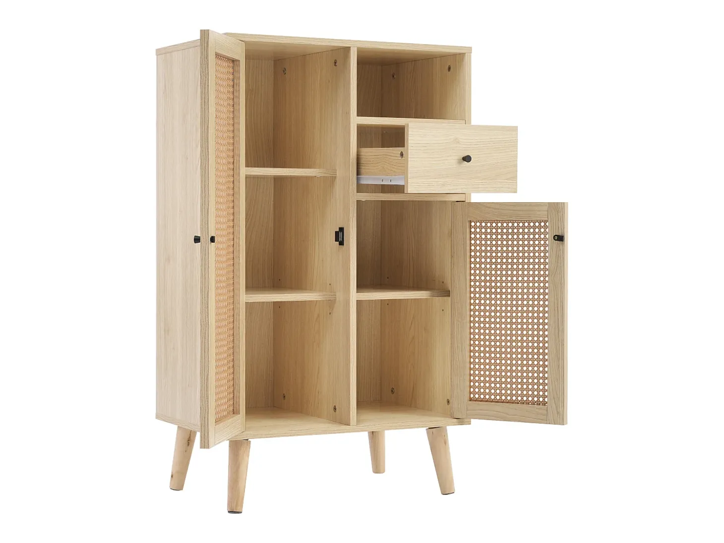 Aparador de cocina 60x40x110cm, 2 puertas de ratán y 1 cajón, madera, natural claro