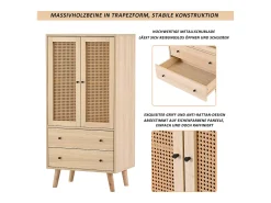 Aparador de cocina 60x40x120cm, 2 puertas de ratán y 2 cajones, en madera natural clara
