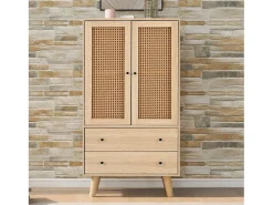 Aparador de cocina 60x40x120cm, 2 puertas de ratán y 2 cajones, en madera natural clara